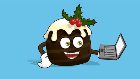pastel de navidad de dibujos animados sosteniendo una computadora portátil en la mano con animación facial alfa mate
