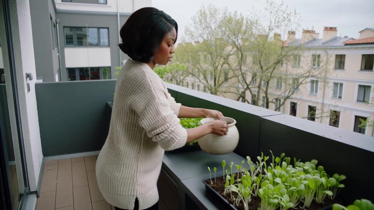 Donna che posiziona un vaso di ceramica, cammina tra le fioriere e cura i vassoi di piantine sul balcone, indossando un maglione color crema.