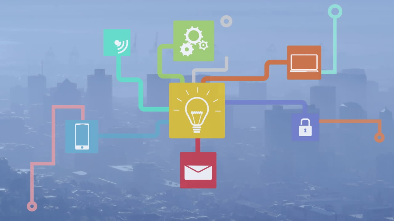 Animation of network of digital icons against aerial view of cityscape