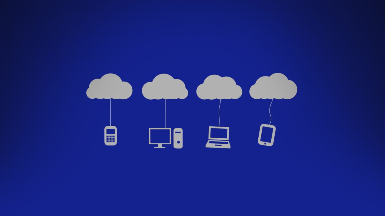 Animation of digital clouds with electronic devices over blue background