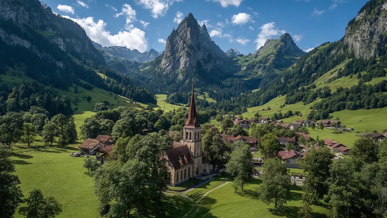 Luftaufnahme eines malerischen Dorfes mit einer Kirche, umgeben von saftig grünen Feldern und majestätischen Bergen unter einem klaren blauen Himmel.