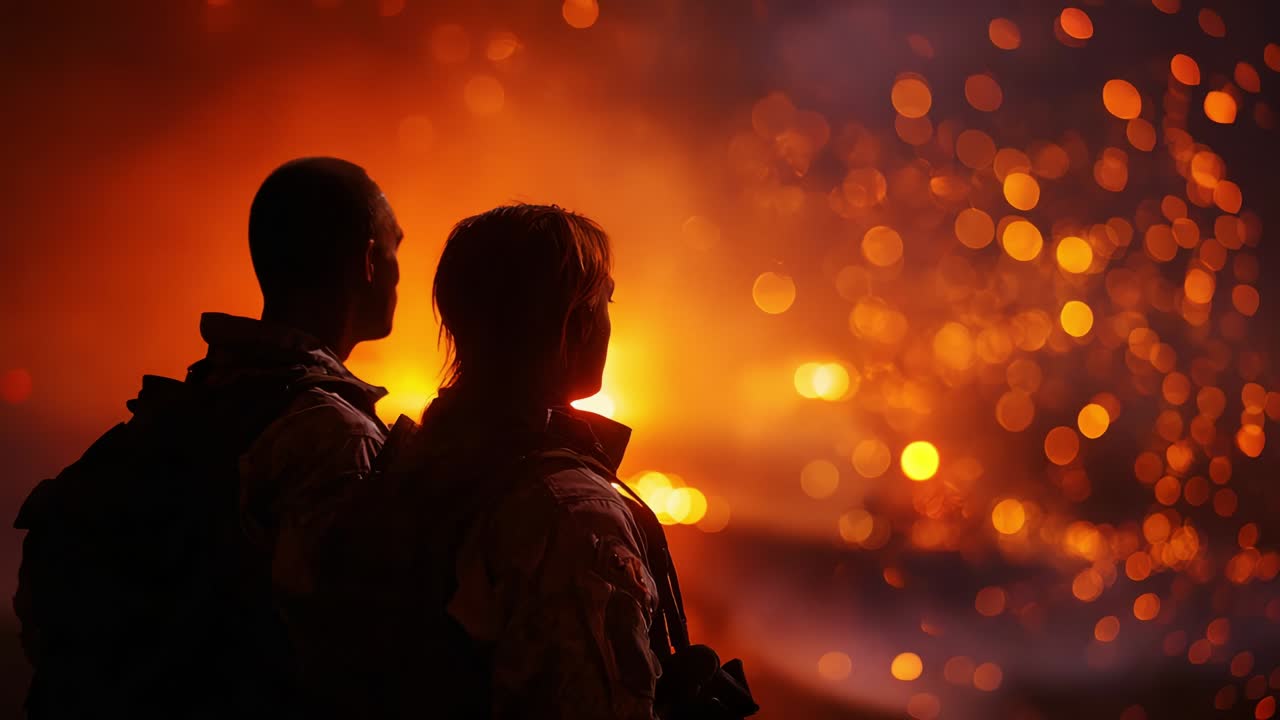 Two silhouettes gazing into a mesmerizing display of fiery embers and glowing sparks, embodying bravery and wonder against a backdrop of intense warmth and flickering light