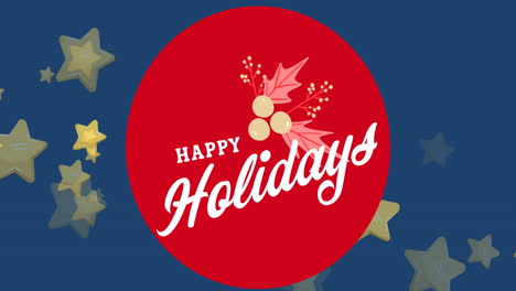 animation of happy holidays text with cherries and leaves in circles, stars over blue background