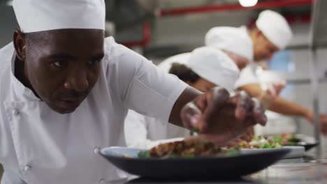 diverse group of chefs garnishing dishes in restaurant kitchen