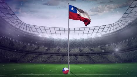 Animation-of-snow-falling-over-flag-of-chile-at-sports-stadium