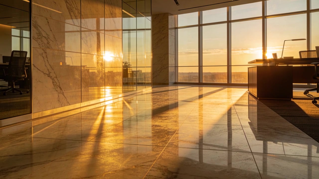 Sol moviéndose cerca del horizonte proyectando franjas a través de ventanas de piso alto al atardecer, reflejándose en un suelo de mármol.