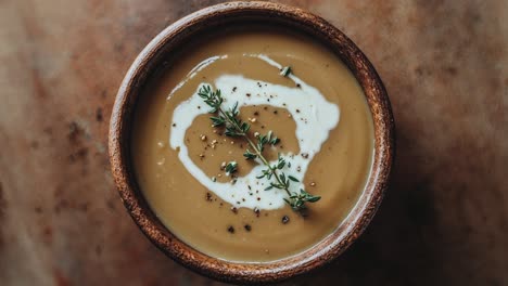 delicious creamy soup in rustic wooden bowl