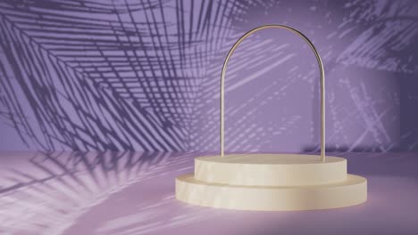 pantalla mínima de podio blanco con fondo de pared púrpura y un ambiente de playa, renderización en 3d, bucle de animación de ilustración en 3d