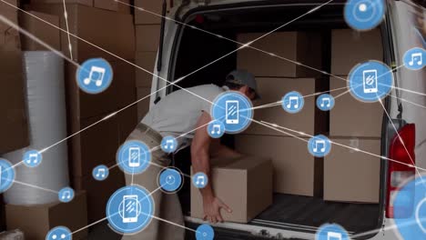 Animation-of-network-of-digital-icon-over-caucasian-male-delivery-man-stacking-boxes-in-delivery-van