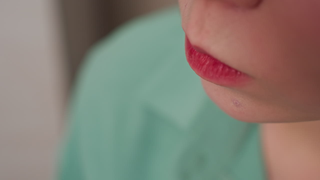 extreme close up of lady savoring chip with focus on lips and fingers, blurred kitchen cabinet by side, blonde hair, fair skin, casual moment eating snack at home with soft natural lighting
