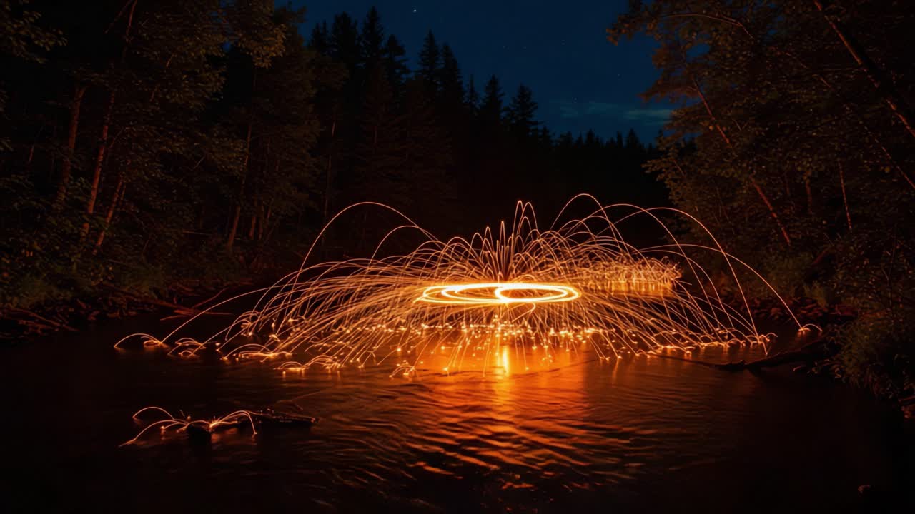 Captivating Display of Fire and Water: A Glowing Circle of Sparks Dancing Above the River Under a Starry Sky, Creating a Stunning Nighttime Spectacle