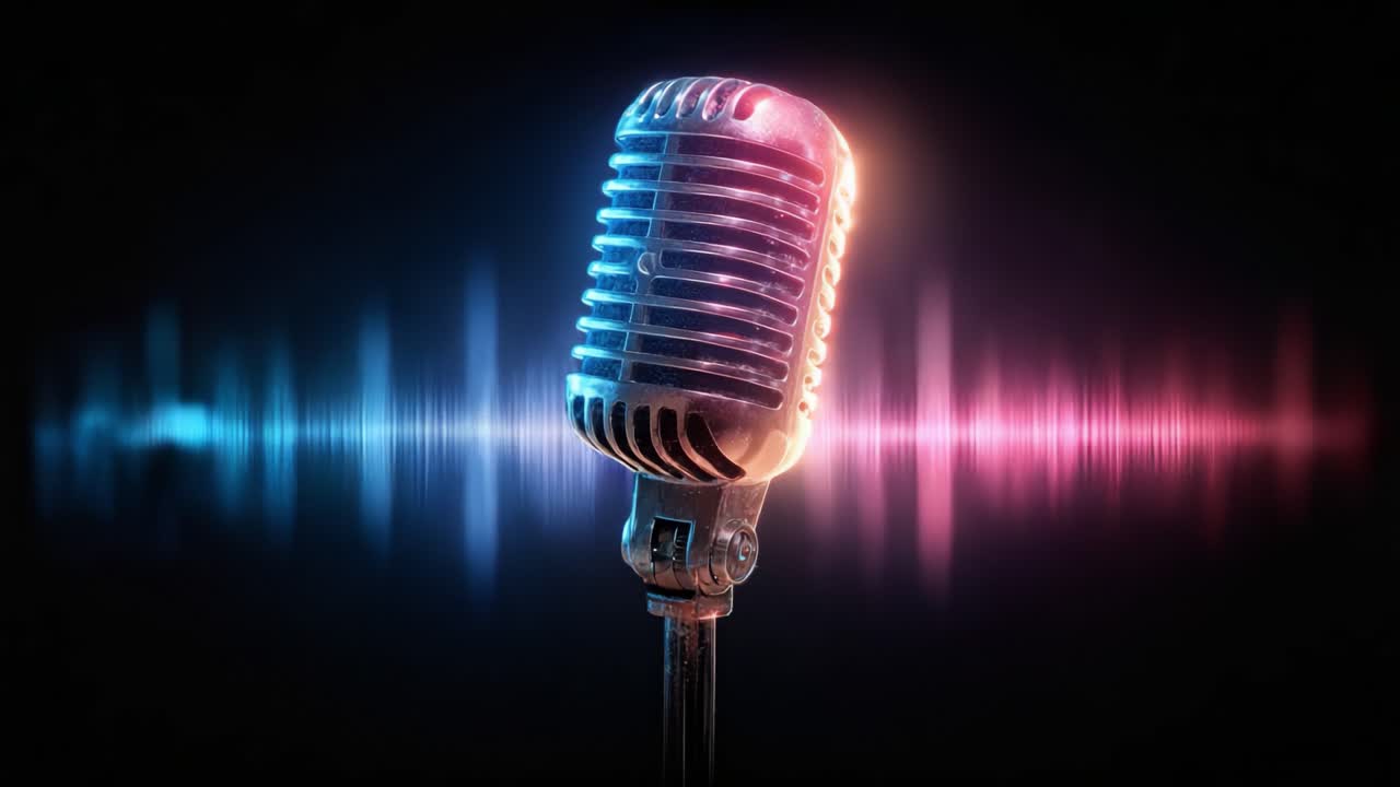 An Iconic Vintage Microphone Illuminated with Vibrant Colors Against a Dark Background, Symbolizing Music and Sound Waves in a Modern Visual Aesthetic