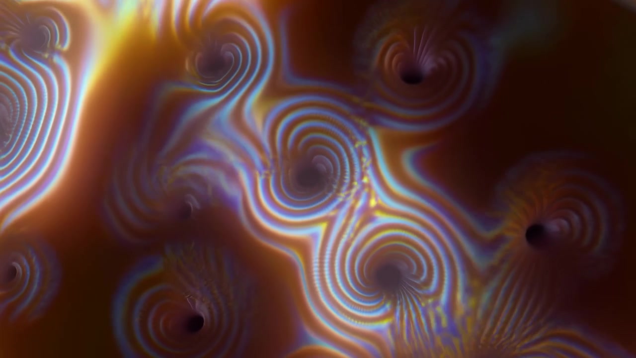 Close-up abstract composition of overlapping iridescent concentric rings with dark circular spots, warm orange-brown tones, and soft glowing light across the