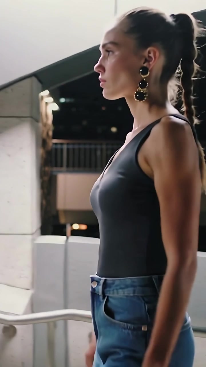Video verticale: Donna che cammina di notte lungo il ponte di un parcheggio, passando una ringhiera, indossando canotta e jeans.