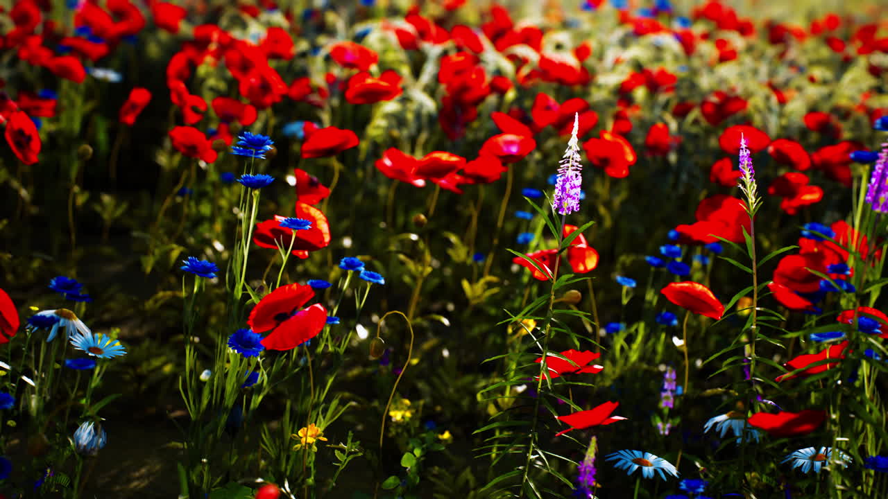 Vibrant wildflower meadow with red poppies and blue blossoms in springtime
