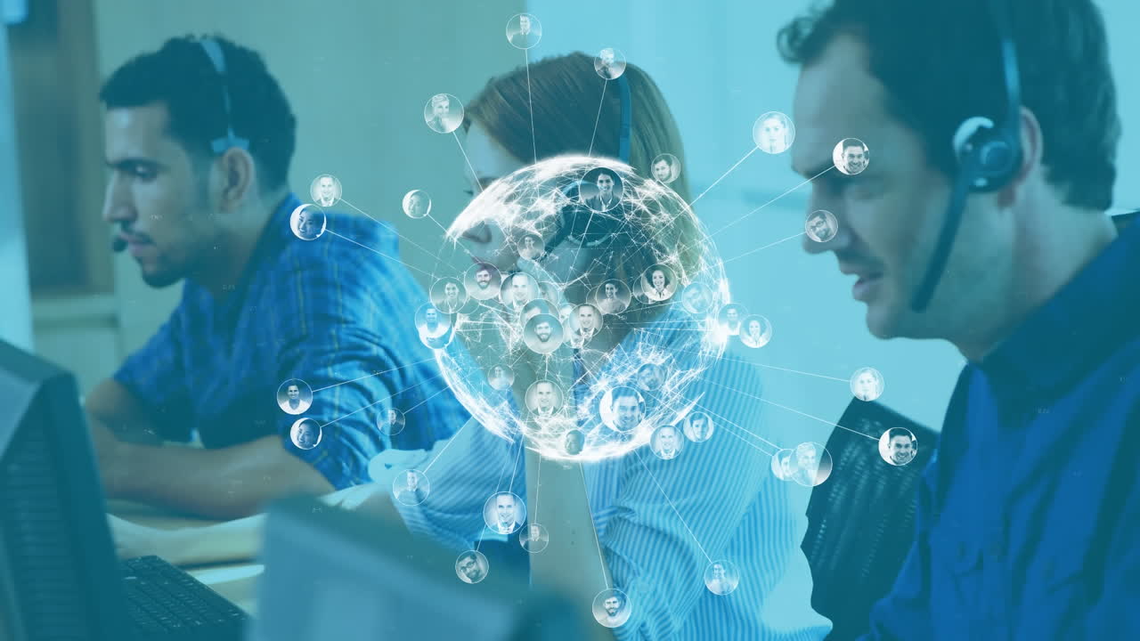 Globe of network of connections against team of customer care executives working at office