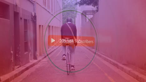 play icon with increasing subscribers against african american senior man riding bicycle