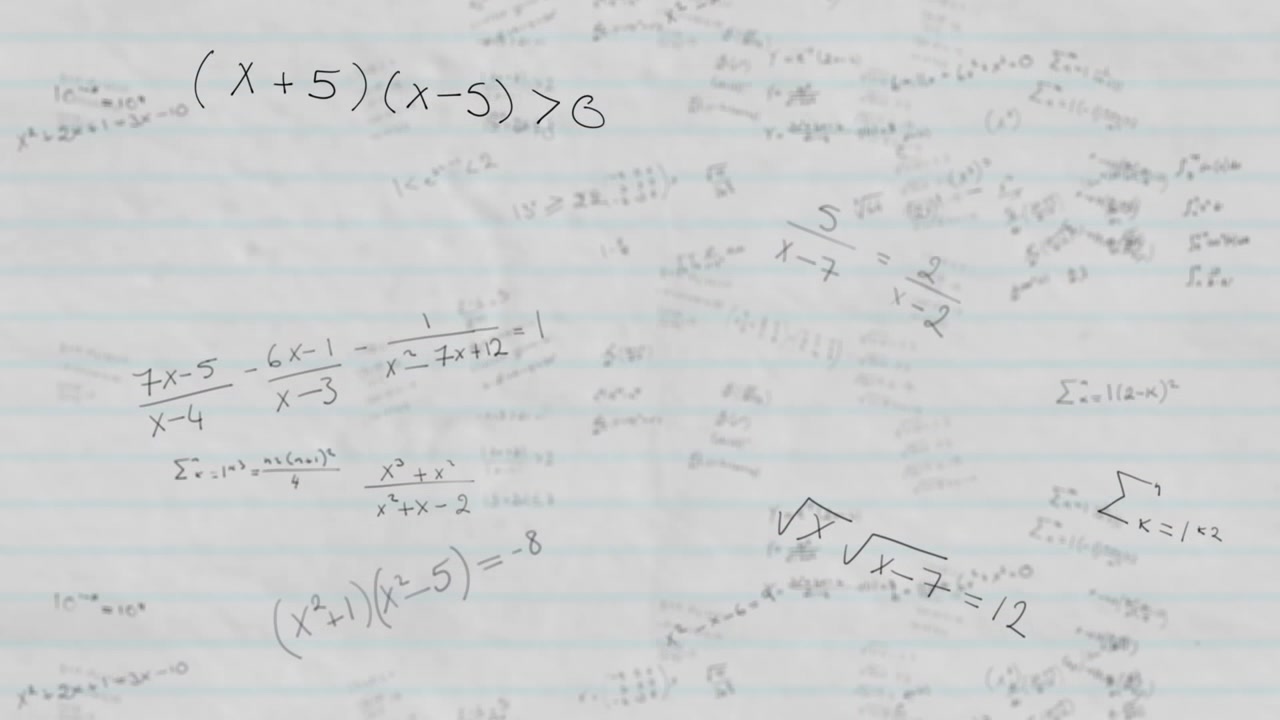 Equazioni matematiche in movimento su carta bianca a righe.