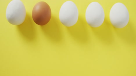 video of row of one brown and four white eggs on yellow background