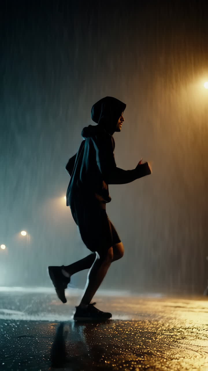 Man Running in the Rain at Night