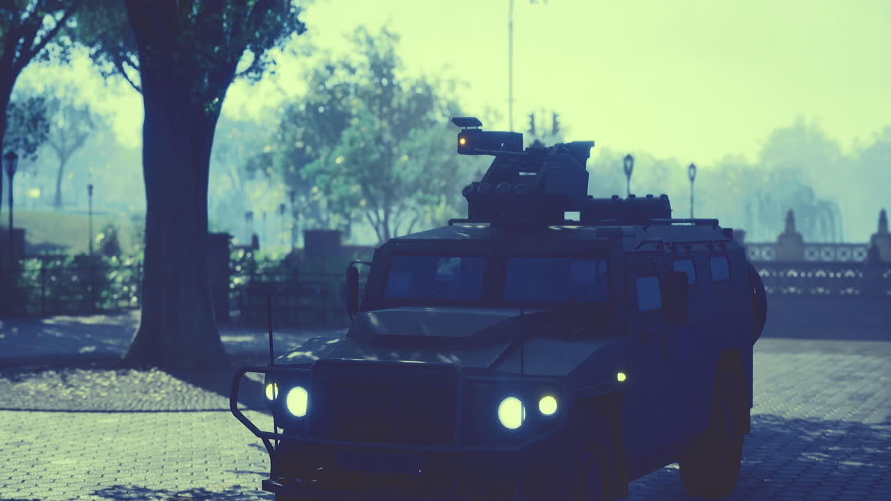 Mystery armored vehicle parked in a serene urban park at dawn