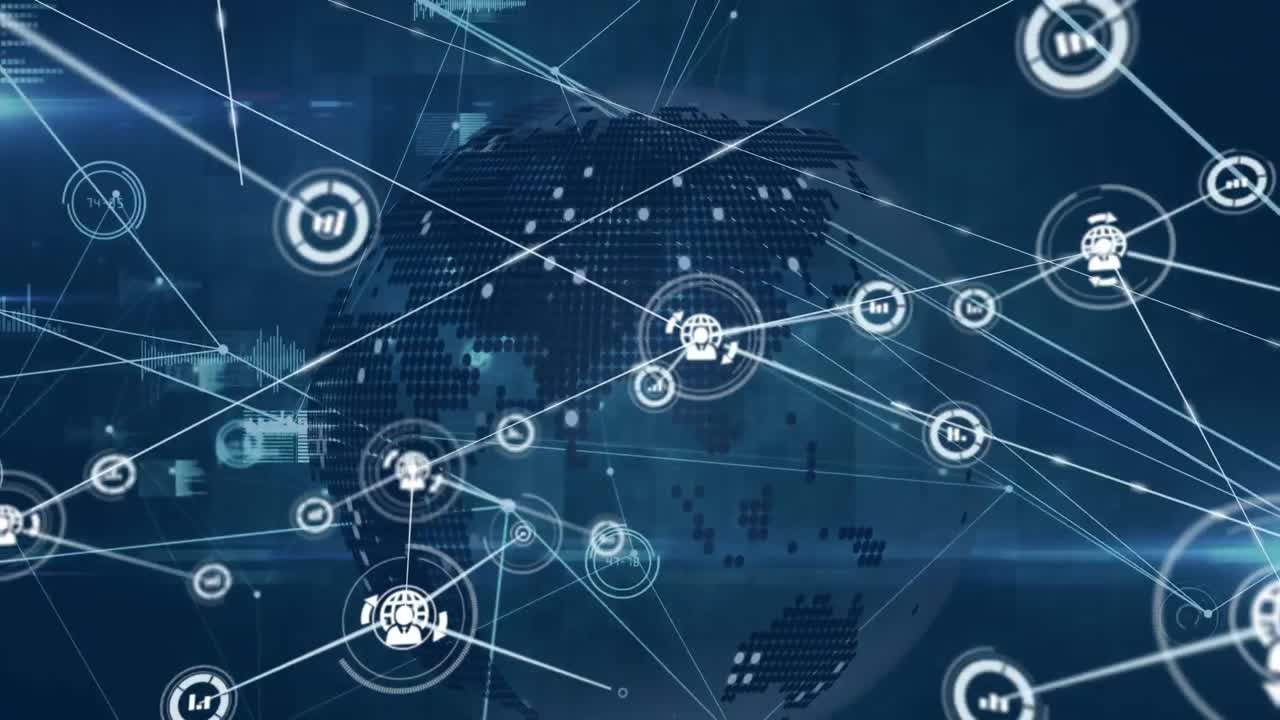 Animation of network of communication icons over globe and data processing on dark background