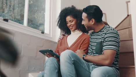 tablet, home stairs and happy couple with social