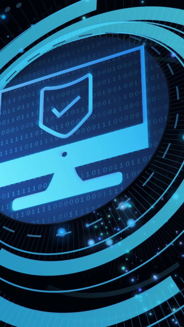 Animation of computer circuit board with data processing and digital icon with security shield