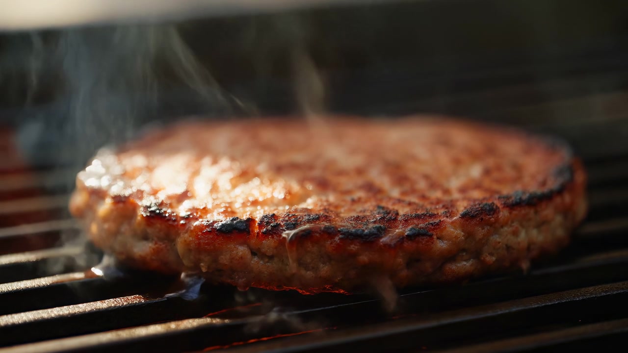 Low-angle close view of thick beef burger patty searing on hot grill grates, showing dark sear marks, blistered crust, rendered fat, dripping juices, smoke, glowing heat, and rich grilled texture
