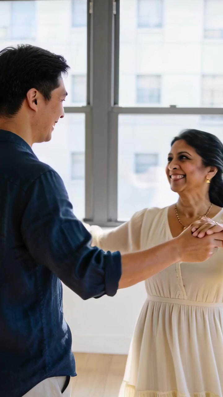 Vertical video: Entering couple with blue shirt white dress holding hands, dancing in windowed apt