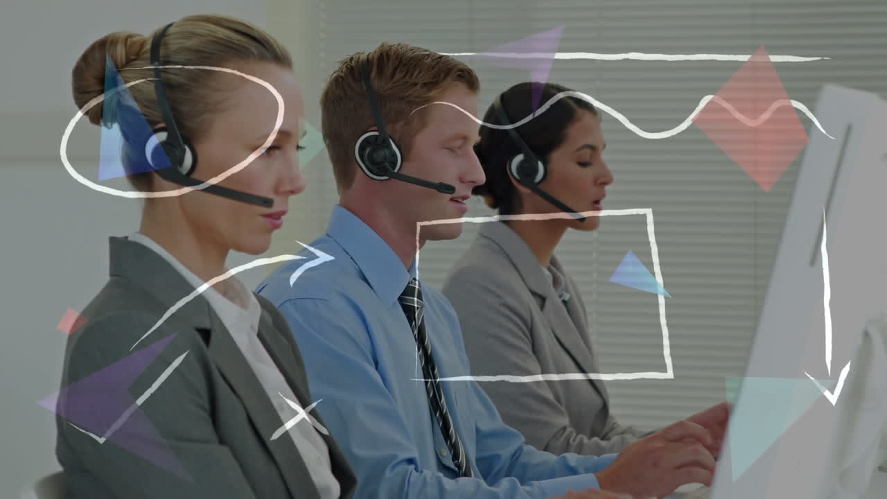 전화 헤드 ⁇  을 사용하는 사업가 들 위 에 빛나는 그림 들 의 애니메이션