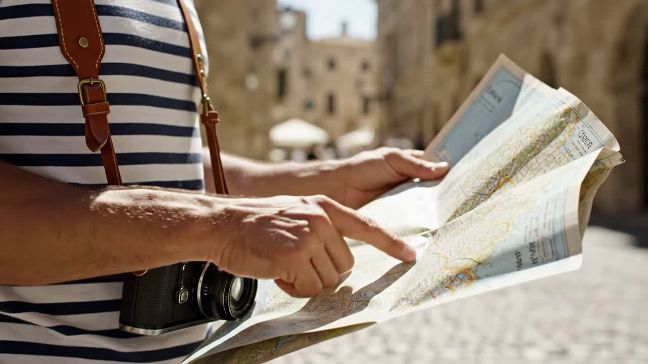 Tourist navigating city map while exploring new travel destination