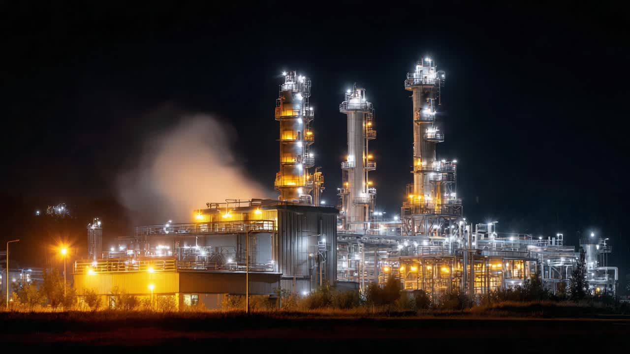Illuminated Industrial Complex at Night: showcasing towering structures, extensive piping, and bright lighting that highlight the technological marvel of modern industry and energy production