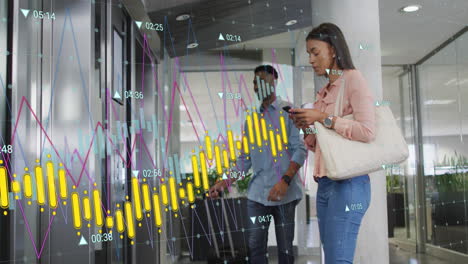 Animation-of-multiple-graphs-with-changing-numbers-over-diverse-people-waiting-for-elevator