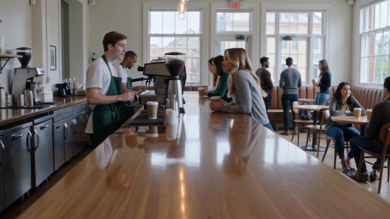 Donna che cammina con una tazza, appoggiata a un bancone di legno, parla con il barista vicino alla macchina del caffè espresso, spazio per il testo