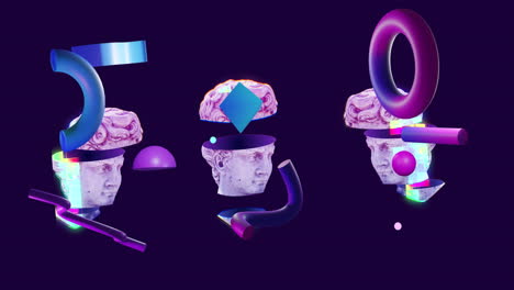 animation of antique head sculptures over 3d shapes on dark background