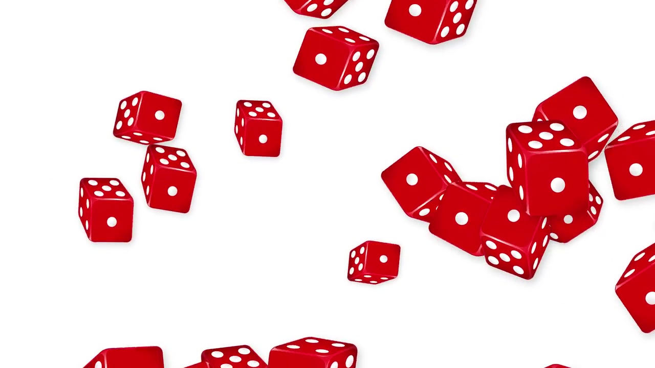 Animação dinâmica de dados de jogo vermelhos explodindo e rolando contra um fundo branco liso.