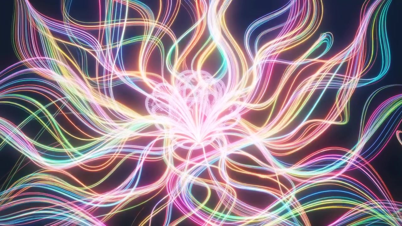 Un bagliore centrale brillante invia nastri neon multicolori verso l'esterno in filamenti curvi stratificati, anelli e archi su uno sfondo scuro e profondo, creando una simmetria vivida, un bagliore morbido, una texture fine e un effetto sorprendente.