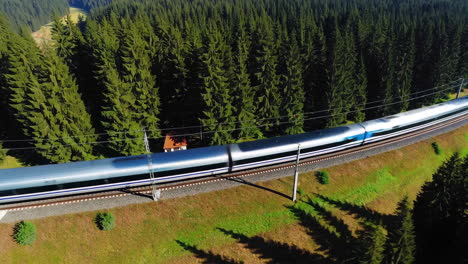 high-speed train through mountainous forest