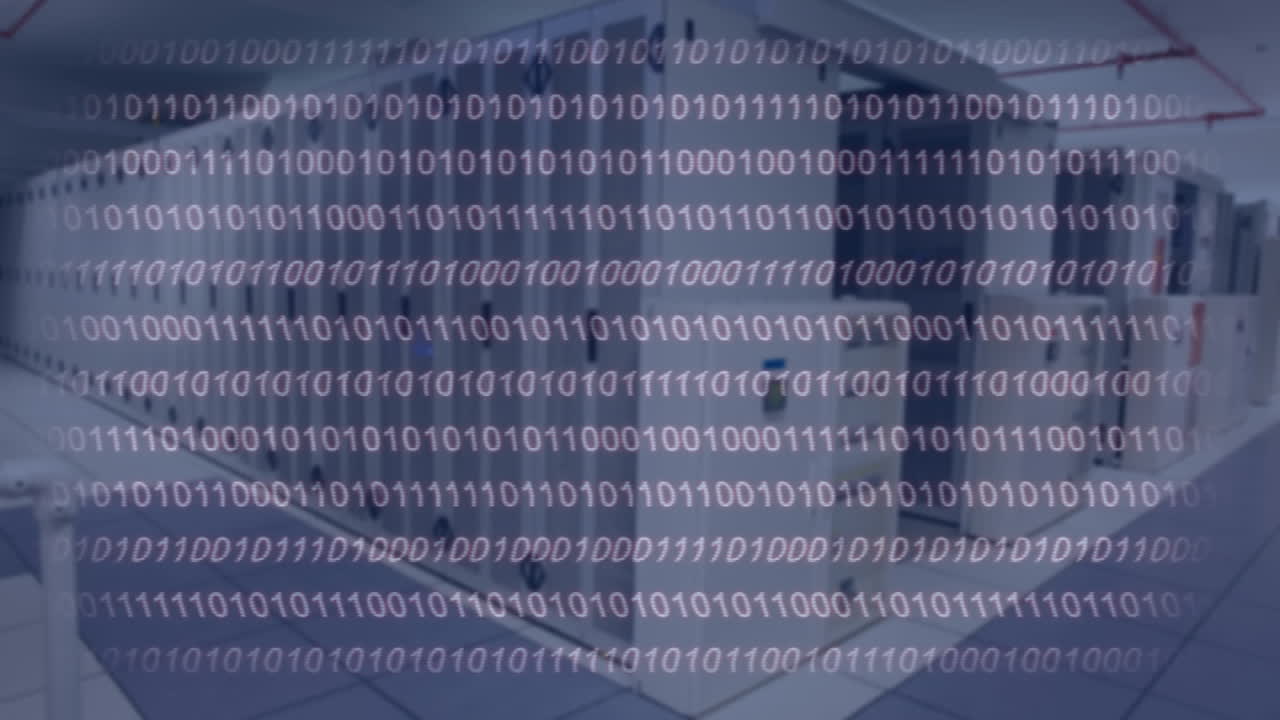 animación de puntos de luz y codificación binaria sobre la sala del servidor