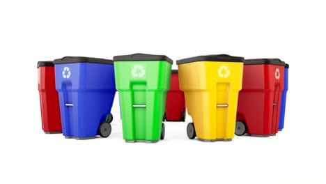 many color plastic garbage bins with recycling logo. isolated on white background, staked on circle.