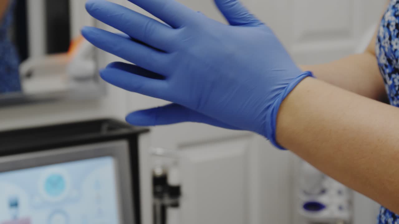 una esteticista caucásica se está poniendo guantes médicos azules, pero tiene algunos problemas