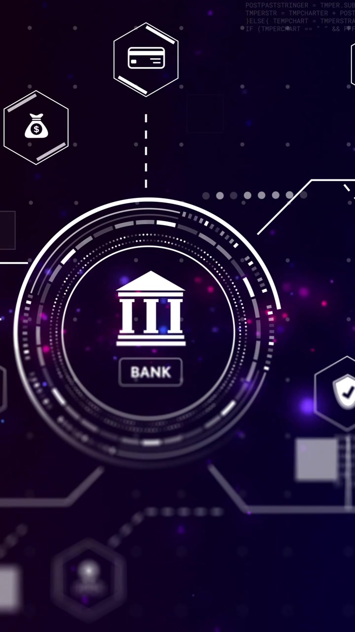 Digital network showing banking technology icons connected in animation background