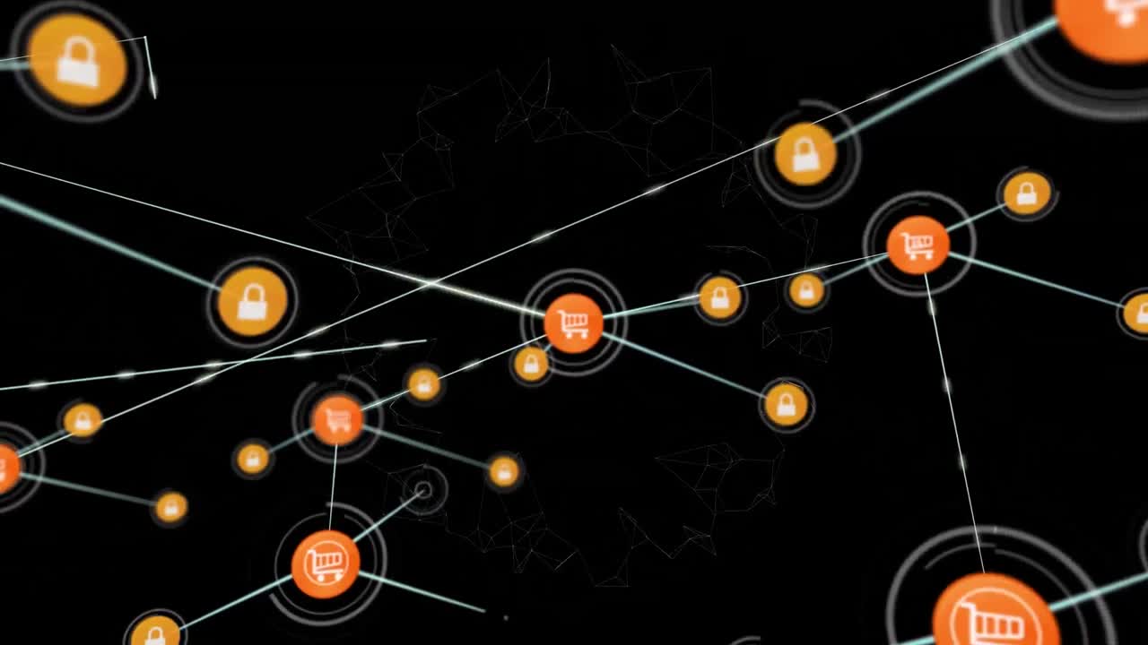 Animazione di rete di connessioni con icone su sfondo nero