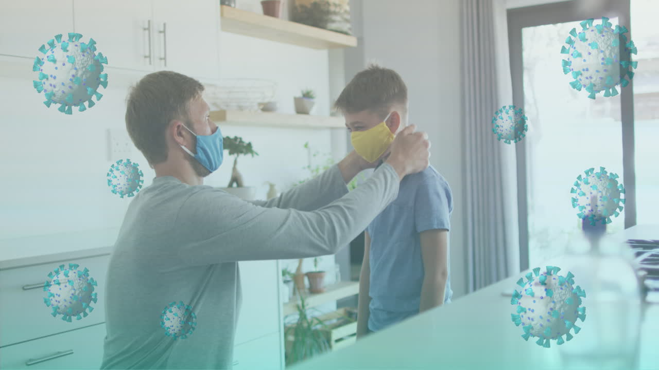 얼굴 마스크를 쓰고 있는 백인 아버지와 아들 위에 바이러스 세포의 애니메이션