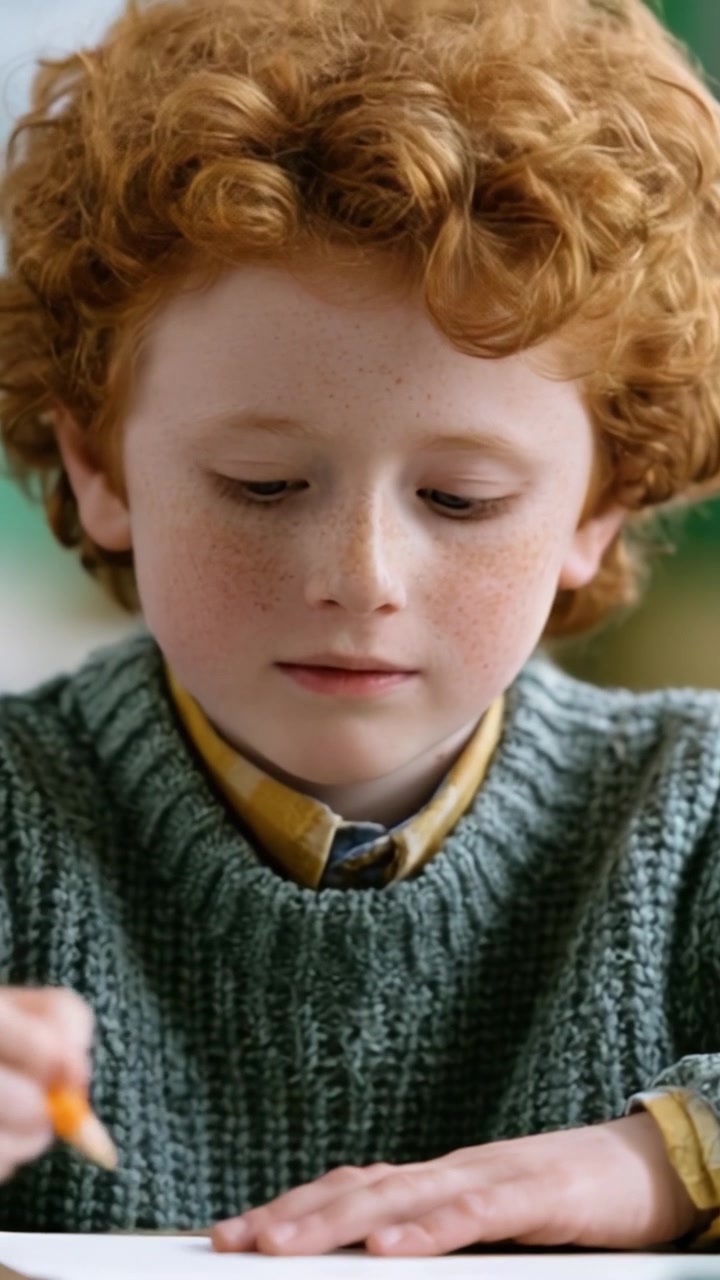 Un giovane ragazzo impegnato nella scrittura creativa: catturare la concentrazione e l'immaginazione di un bambino con lentiggini e capelli ricci mentre scrive nel suo quaderno.