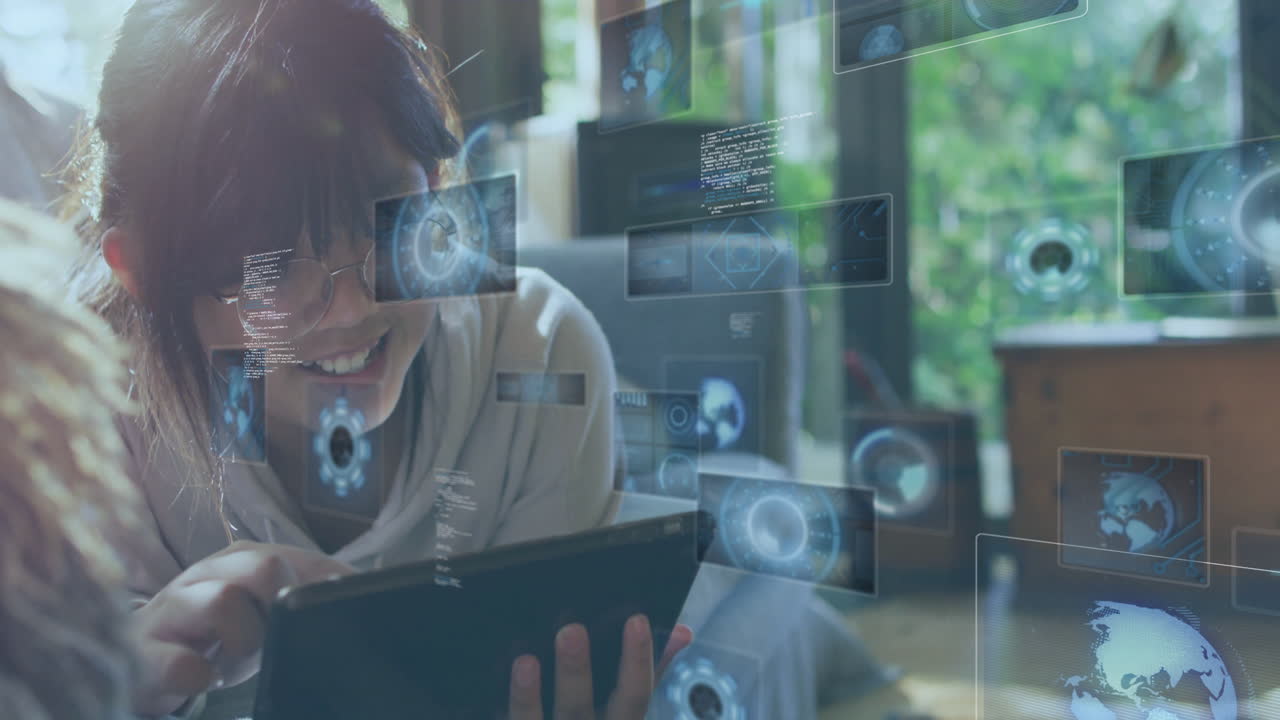 Using tablet with animation graphics overlay, woman engaging with digital data