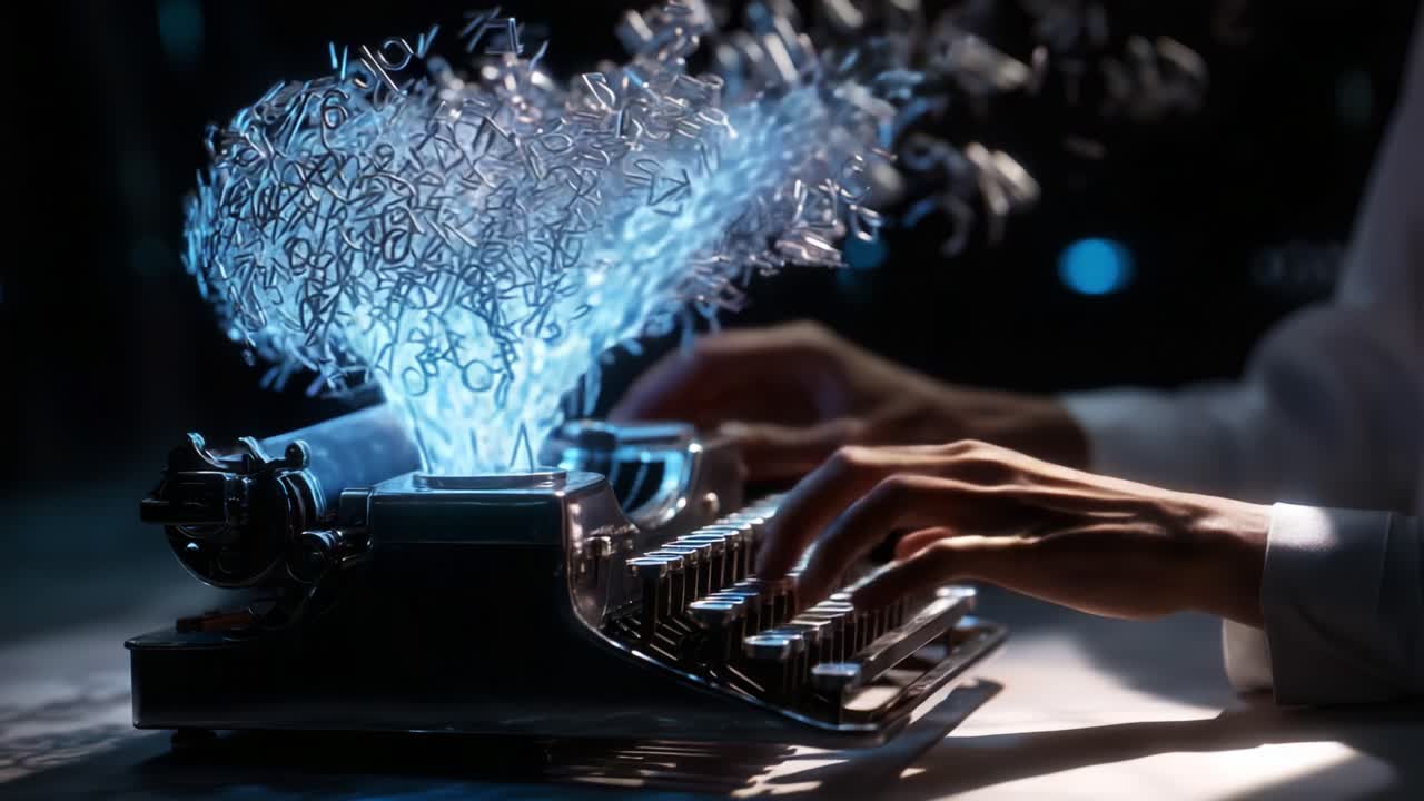 A mesmerizing blend of creativity and technology, this scene depicts a vintage typewriter whose keys unleash a stunning stream of illuminated letters, symbolizing the power of words in a digital age