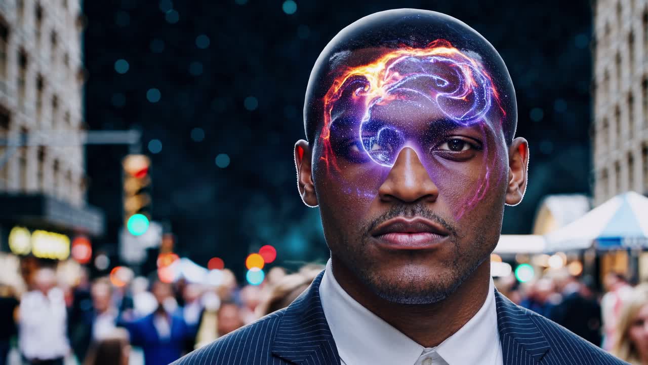 Businessman standing amid blurred nighttime cityscape, neural networks illuminating thoughts, representing AI consciousness merging with human potential