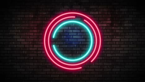 luz de marco de círculo de neón en la pared de ladrillo. bar de club nocturno señal de neón parpadeante. animación de movimiento